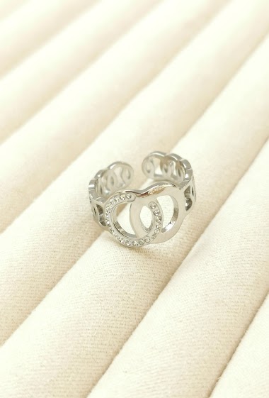 Wholesaler Glam Chic - Double circle adjustable ring with rhinestones in stainless steel