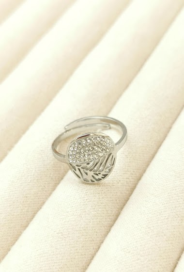 Wholesaler Glam Chic - Leaf adjustable ring with rhinestones in stainless steel