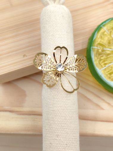 Wholesaler Glam Chic - Adjustable flower ring with rhinestones in stainless steel