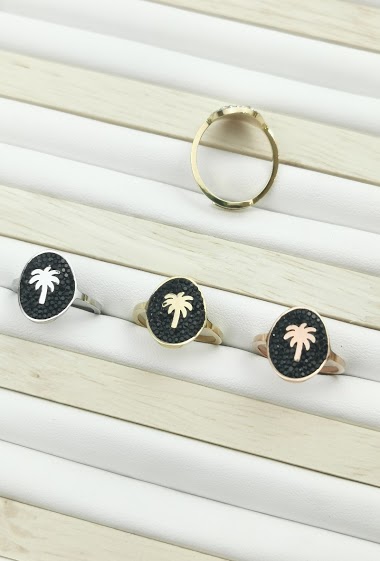 Wholesaler Glam Chic - Adjustable palm tree and black rhinestone ring in stainless steel