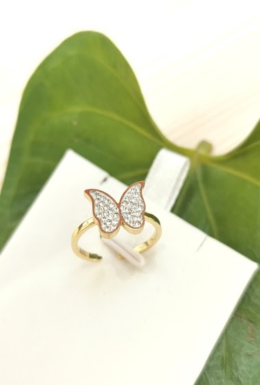Grossiste Glam Chic - Bague réglable papillon avec strass en acier inoxydable
