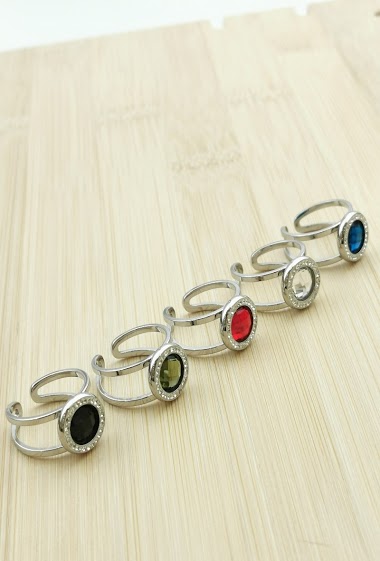 Wholesaler Glam Chic - Round adjustable ring with crystal stone in stainless steel