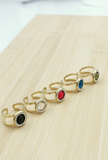 Mayorista Glam Chic - Round adjustable ring with crystal stone in stainless steel