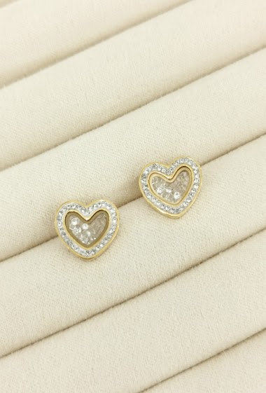 Wholesaler Glam Chic - Heart earring with rhinestones in stainless steel