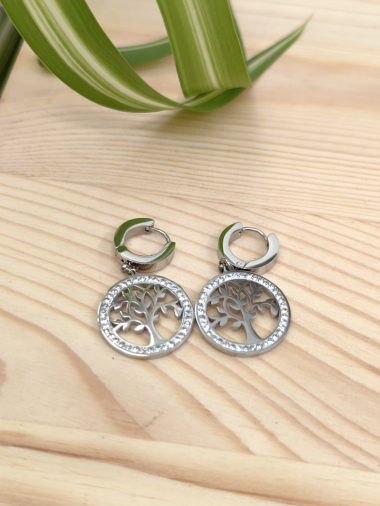 Wholesaler Glam Chic - Creole tree of life earring with rhinestones in stainless steel