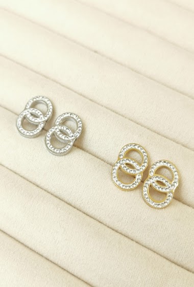 Wholesaler Glam Chic - Double circle earring with rhinestones in stainless steel