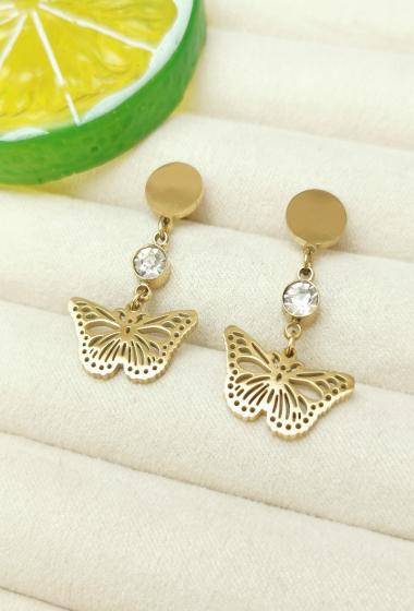 Wholesaler Glam Chic - Stainless steel butterfly and rhinestone earrings