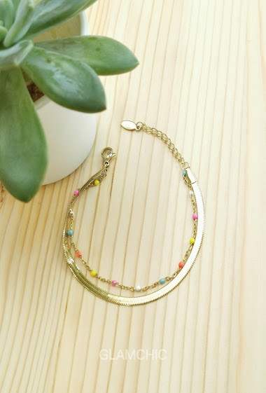 Grossiste Glam Chic - Bracelet avec maille serpent et perle de couleur en acier inoxydable