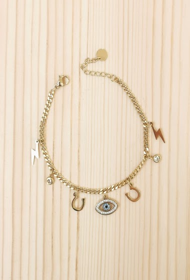 Großhändler Glam Chic - Eye charm bracelet with rhinestones in stainless steel