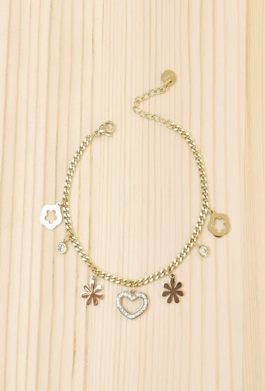 Großhändler Glam Chic - Heart charm bracelet with rhinestones in stainless steel