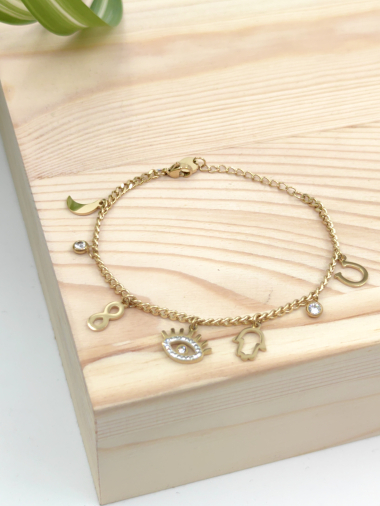 Wholesaler Glam Chic - Eye charm bracelet with rhinestones in stainless steel