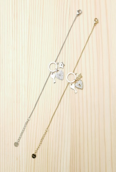Wholesaler Glam Chic - Heart padlock bracelet with star rhinestones and stainless steel key