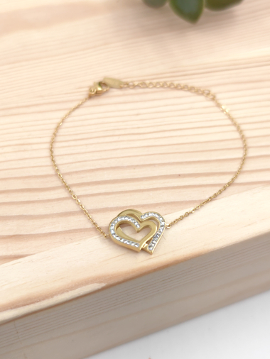 Grossiste Glam Chic - Bracelet coeur avec strass en acier inoxydable
