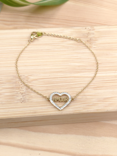 Wholesaler Glam Chic - MAMAN heart bracelet with rhinestones in stainless steel