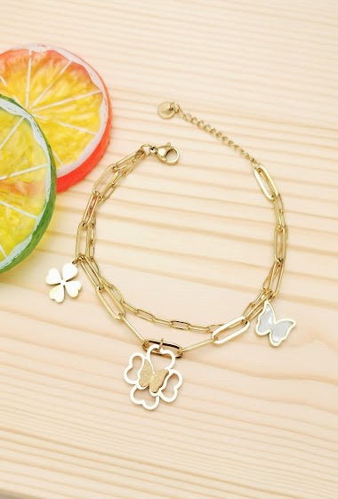 Wholesaler Glam Chic - Double chain bracelet with butterfly and clovers in stainless steel