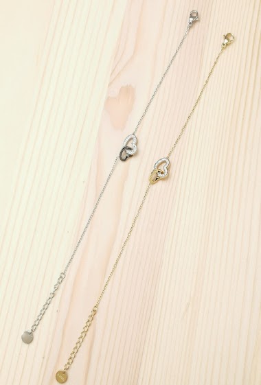 Grossiste Glam Chic - Bracelet double coeur avec strass en acier inoxydable