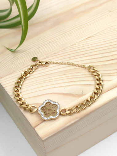 Wholesaler Glam Chic - Large flower chain bracelet with rhinestones in stainless steel