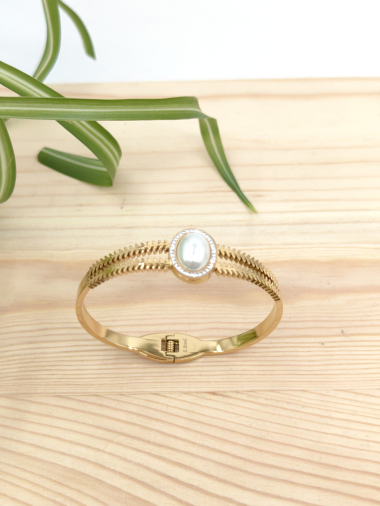 Grossiste Glam Chic - Bracelet jonc épi bles de ovale perle avec strass en acier inoxydable
