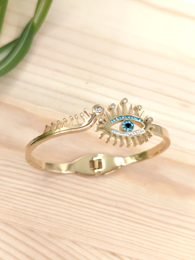 Grossiste Glam Chic - Bracelet jonc oeil bleu avec strass en acier inoxydable
