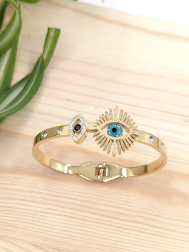 Wholesaler Glam Chic - Blue and black eye bangle bracelet with stainless steel rhinestones