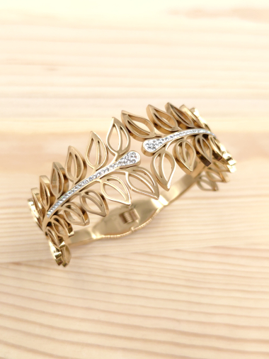 Wholesaler Glam Chic - Feather bangle bracelet with rhinestones in stainless steel