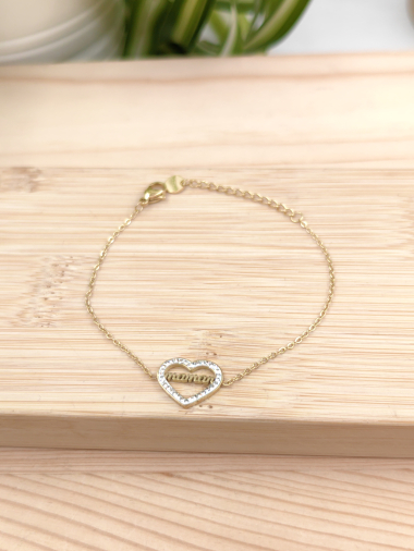 Grossiste Glam Chic - Bracelet MAMAN coeur avec strass en acier inoxydable