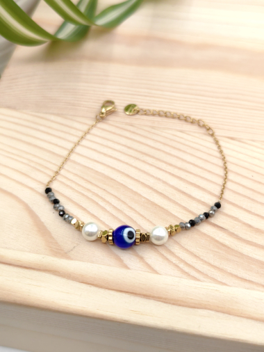 Grossiste Glam Chic - Bracelet oeil avec perle et Crystal en acier inoxydable