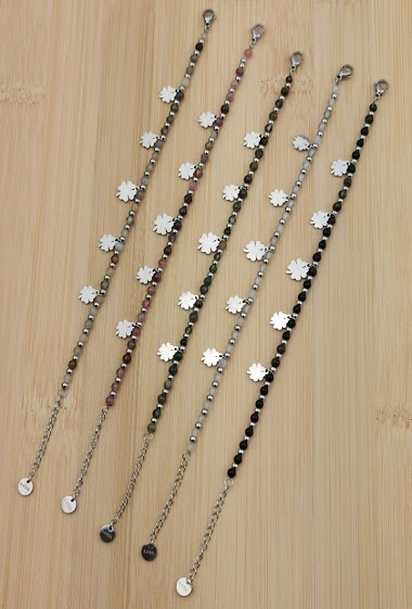 Wholesaler Glam Chic - Clover and natural stone tassel bracelet in stainless steel