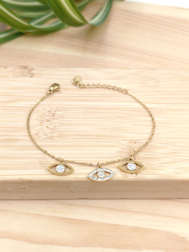 Wholesaler Glam Chic - Eye pendant bracelet with rhinestones in stainless steel