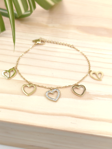 Wholesaler Glam Chic - Heart pendant bracelet with rhinestones in stainless steel
