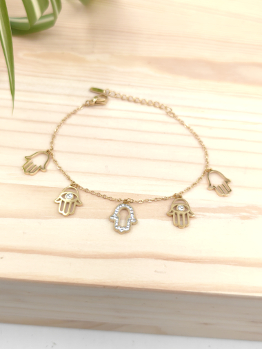 Wholesaler Glam Chic - Fatma pendant bracelet with rhinestones in stainless steel