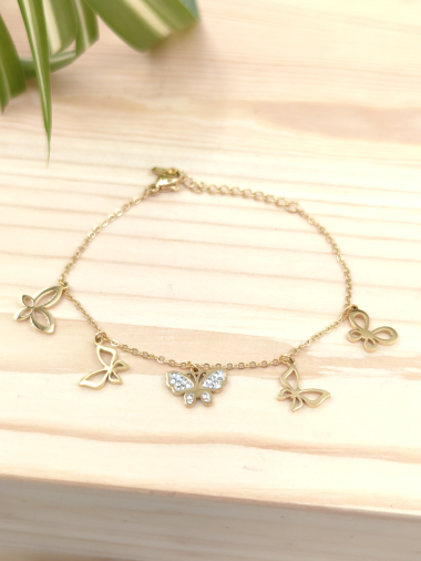 Wholesaler Glam Chic - Butterfly dangle bracelet with rhinestones in stainless steel
