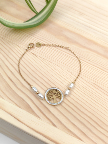 Grossiste Glam Chic - Bracelet perle avec arbre de vie strass en acier inoxydable