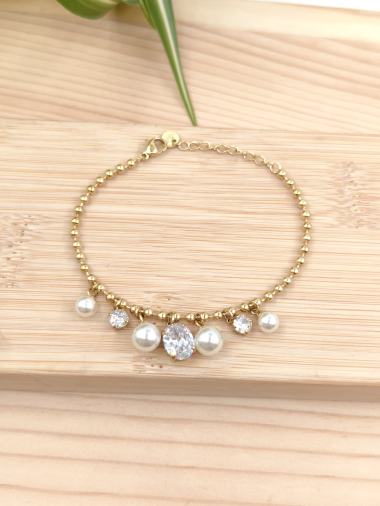 Grossiste Glam Chic - Bracelet perle avec diamant en acier inoxydable
