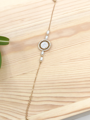 Grossiste Glam Chic - Bracelet perle avec rond strass en acier inoxydable