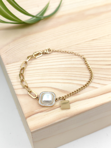 Grossiste Glam Chic - Bracelet perle carre avec strass en acier inoxydable