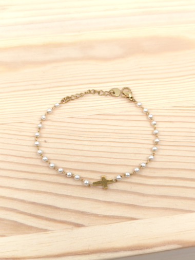 Grossiste Glam Chic - Bracelet perle croix en acier inoxydable