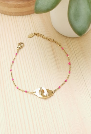 Grossistes Glam Chic - Bracelet perle de couleur avec menotte en acier inoxydable