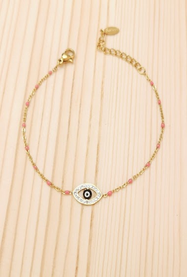 Mayorista Glam Chic - Color pearl bracelet with rhinestone eye in stainless steel