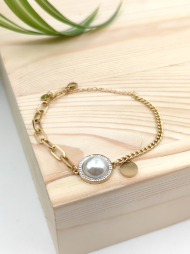 Grossiste Glam Chic - Bracelet perle rond avec strass en acier inoxydable