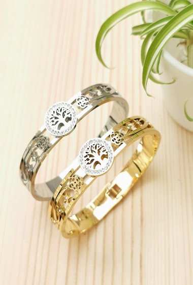 Wholesaler Glam Chic - Rigid bracelet tree of life with rhinestones in stainless steel