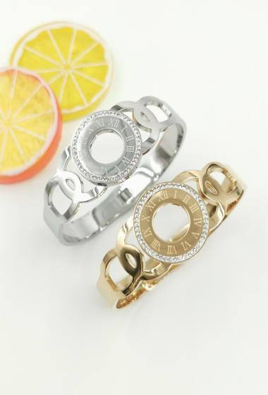 Wholesaler Glam Chic - Rigid bracelet with Roman numerals and circles with rhinestones in stainless steel