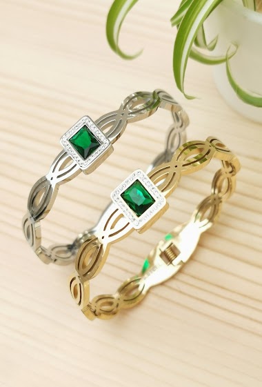 Grossiste Glam Chic - Bracelet rigide avec pierre rectangle en acier inoxydable