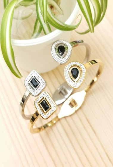 Wholesaler Glam Chic - Rigid bracelet with rectangle stone and drop of water in stainless steel