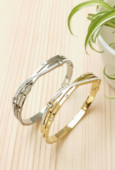 Grossiste Glam Chic - Bracelet rigide avec strass en acier inoxydable