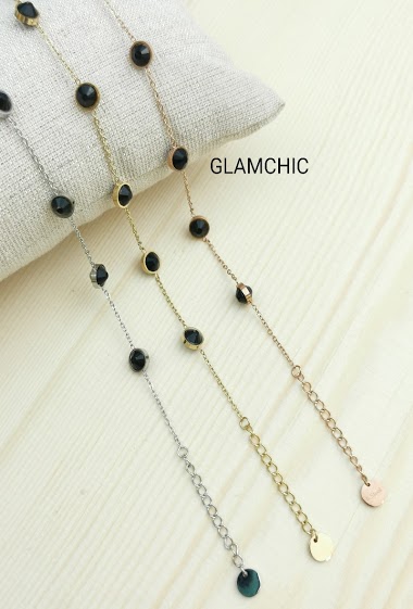 Wholesaler Glam Chic - Stainless steel embossed black rhinestone bracelet