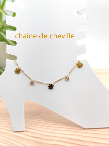 Grossiste Glam Chic - Chaine de cheville fleur avec strass en acier inoxydable