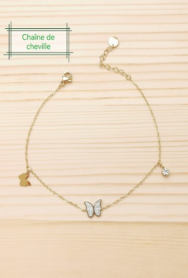 Wholesaler Glam Chic - Butterfly anklet with rhinestones in stainless steel