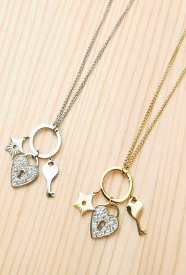 Wholesaler Glam Chic - Heart padlock necklace with star rhinestones and stainless steel key