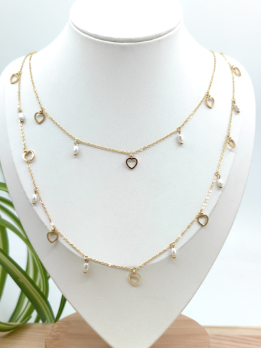 Großhändler Glam Chic - Doppelte Halskette mit Herz und Perle aus Edelstahl